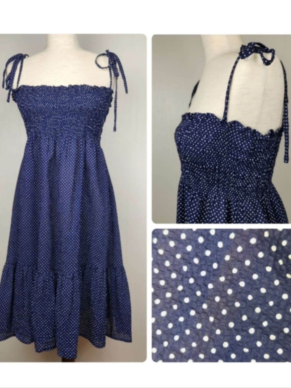 J. Crew Polka dot Tie Shoulder Smocked Shirred Bust Lightweight Cotton Dress